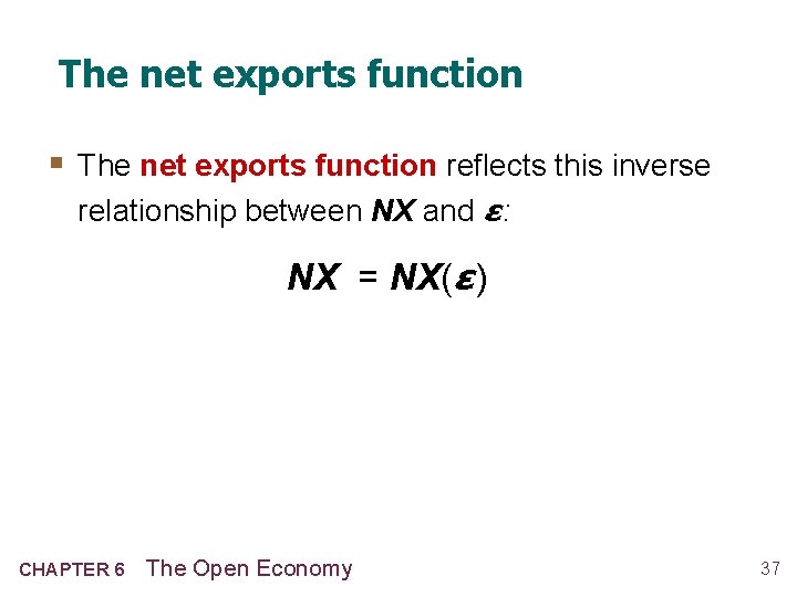 The net exports function § The net exports function reflects this inverse relationship between