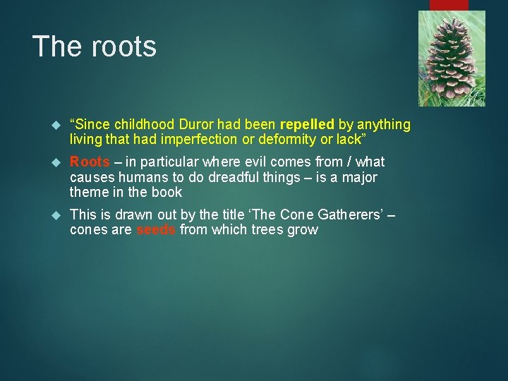 The roots “Since childhood Duror had been repelled by anything living that had imperfection