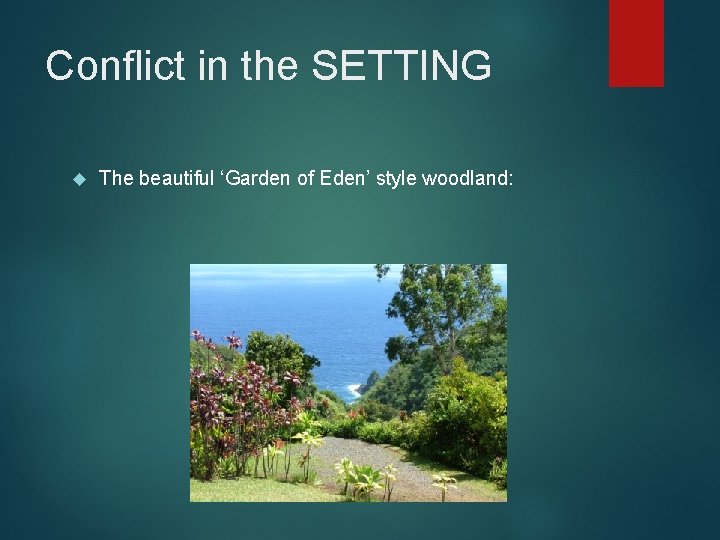 Conflict in the SETTING The beautiful ‘Garden of Eden’ style woodland: 