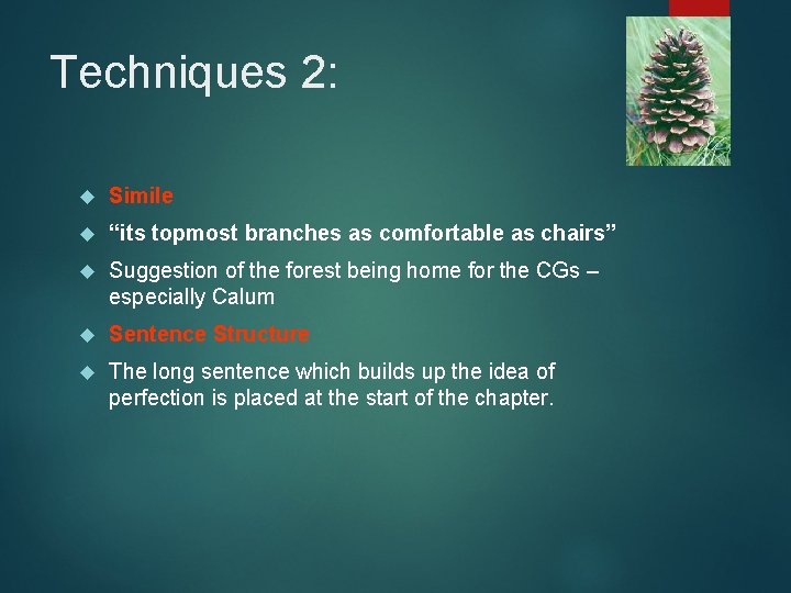 Techniques 2: Simile “its topmost branches as comfortable as chairs” Suggestion of the forest