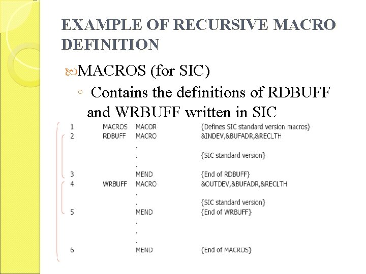 EXAMPLE OF RECURSIVE MACRO DEFINITION MACROS (for SIC) ◦ Contains the definitions of RDBUFF