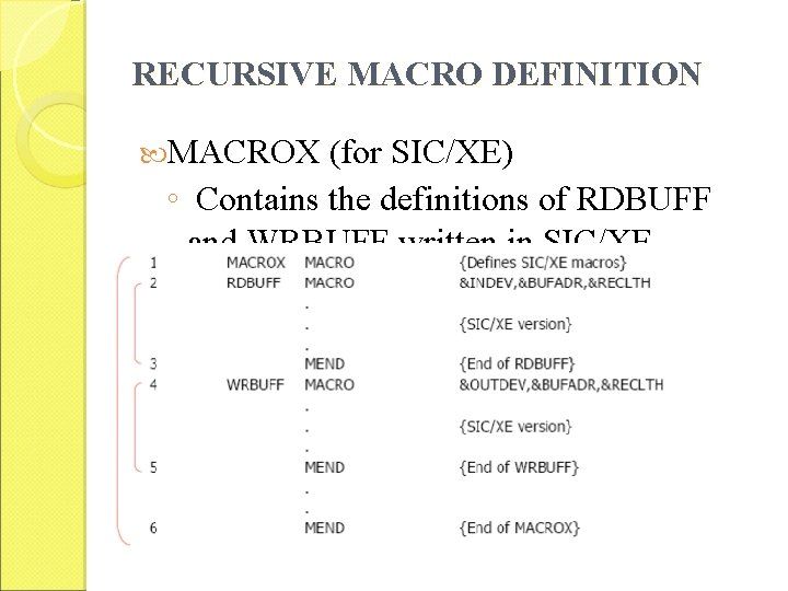 RECURSIVE MACRO DEFINITION MACROX (for SIC/XE) ◦ Contains the definitions of RDBUFF and WRBUFF