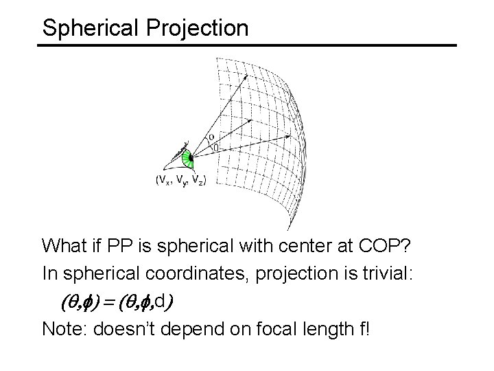 Spherical Projection What if PP is spherical with center at COP? In spherical coordinates,