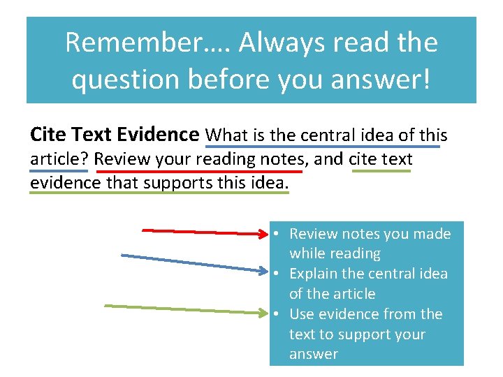 Remember…. Always read the question before you answer! Cite Text Evidence What is the