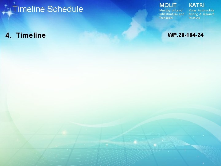 Timeline Schedule 4. Timeline MOLIT Ministry of Land, Infrastructure and Transport KATRI Korea Automobile