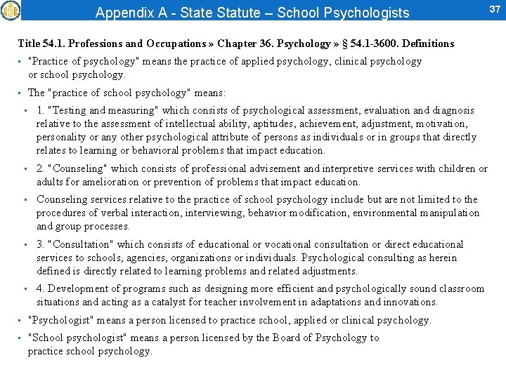 Appendix A - State Statute – School Psychologists Title 54. 1. Professions and Occupations