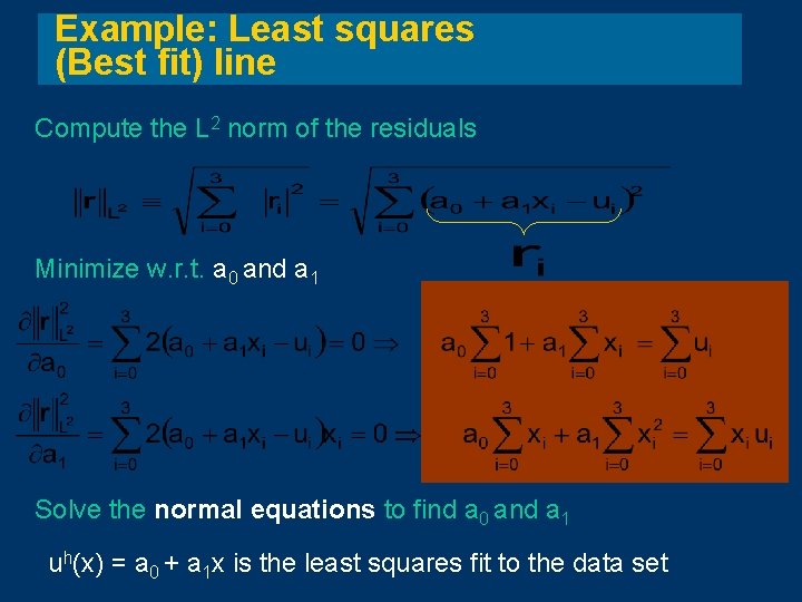 Example: Least squares (Best fit) line Compute the L 2 norm of the residuals Example: Least squares (Best fit) line Compute the L 2 norm of the residuals