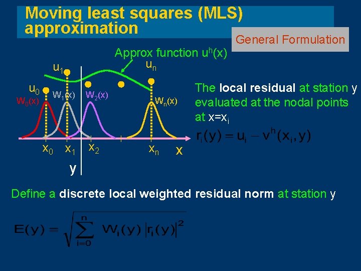 Moving least squares (MLS) approximation Approx function uh(x) un u 1 u 0 W Moving least squares (MLS) approximation Approx function uh(x) un u 1 u 0 W