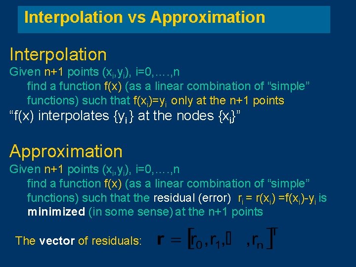 Interpolation vs Approximation Interpolation Given n+1 points (xi, yi), i=0, …. , n find Interpolation vs Approximation Interpolation Given n+1 points (xi, yi), i=0, …. , n find