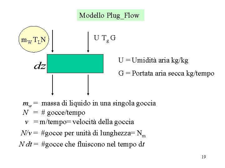 Modello Plug_Flow m W T LN U Tg G U = Umidità aria kg/kg