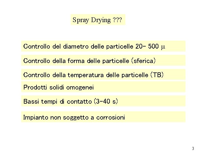 Spray Drying ? ? ? Controllo del diametro delle particelle 20 - 500 Controllo
