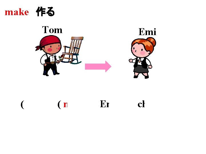 make 作る Tom Emi ( Tom )( made )( Emi )( a chair ).