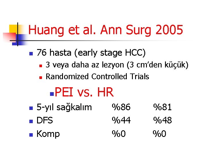 Huang et al. Ann Surg 2005 n 76 hasta (early stage HCC) n n