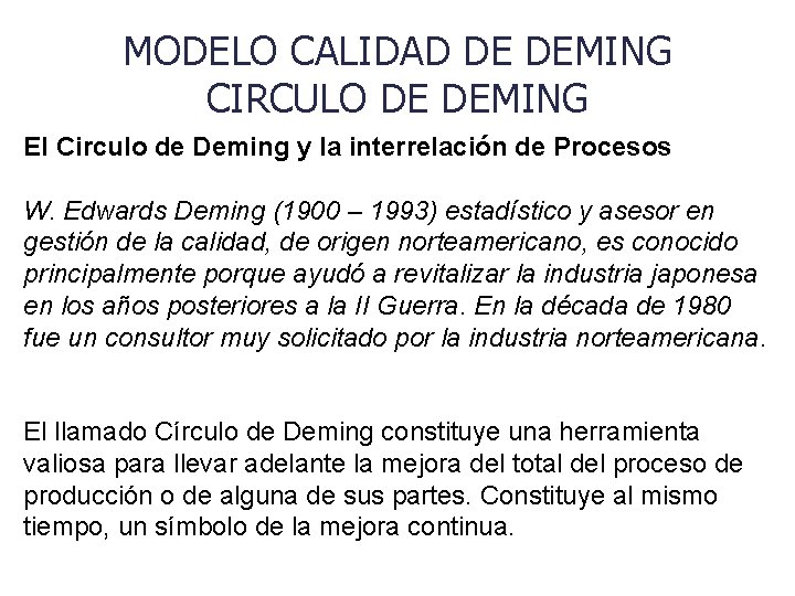 MODELO CALIDAD DE DEMING CIRCULO DE DEMING El Circulo de Deming y la interrelación