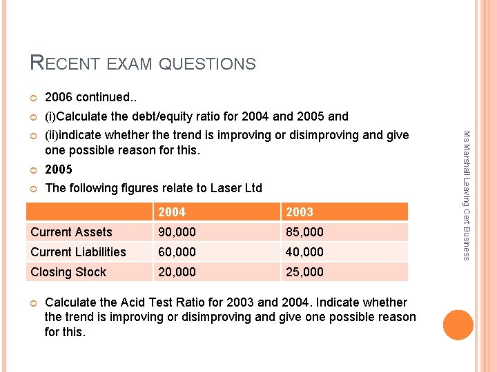 RECENT EXAM QUESTIONS 2006 continued. . (i)Calculate the debt/equity ratio for 2004 and 2005