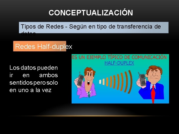 CONCEPTUALIZACIÓN Tipos de Redes - Según en tipo de transferencia de datos Redes Half-duplex