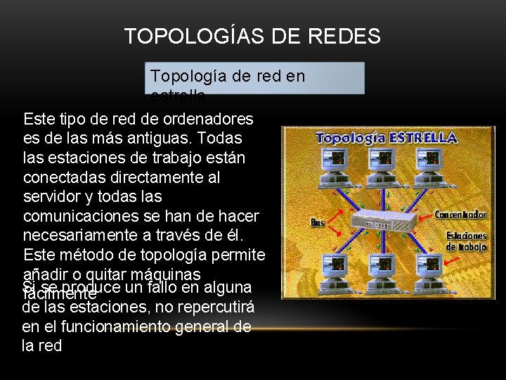 TOPOLOGÍAS DE REDES Topología de red en estrella Este tipo de red de ordenadores