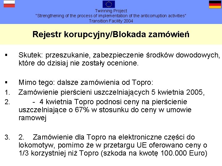 Twinning Project “Strengthening of the process of implementation of the anticorruption activities” Transition Facility