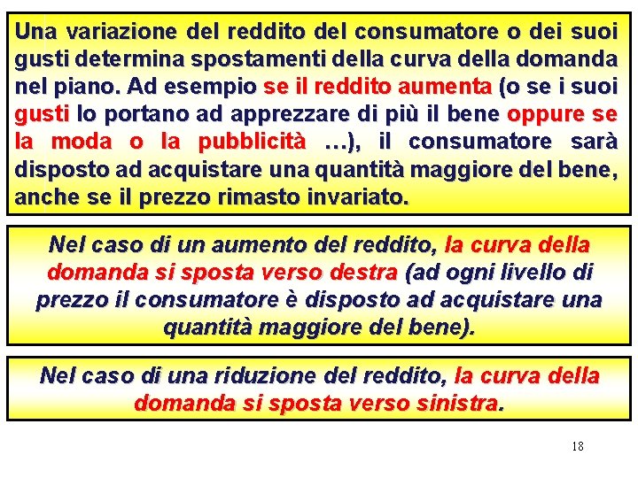 Una variazione del reddito del consumatore o dei suoi gusti determina spostamenti della curva