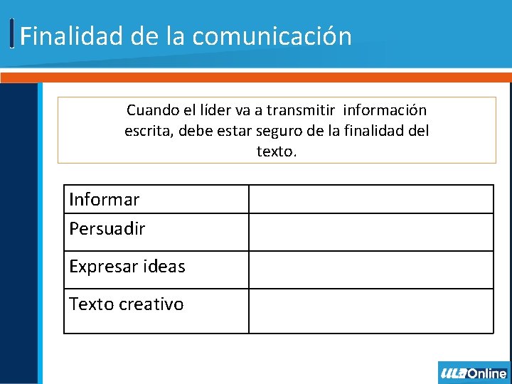 Finalidad de la comunicación Cuando el líder va a transmitir información escrita, debe estar