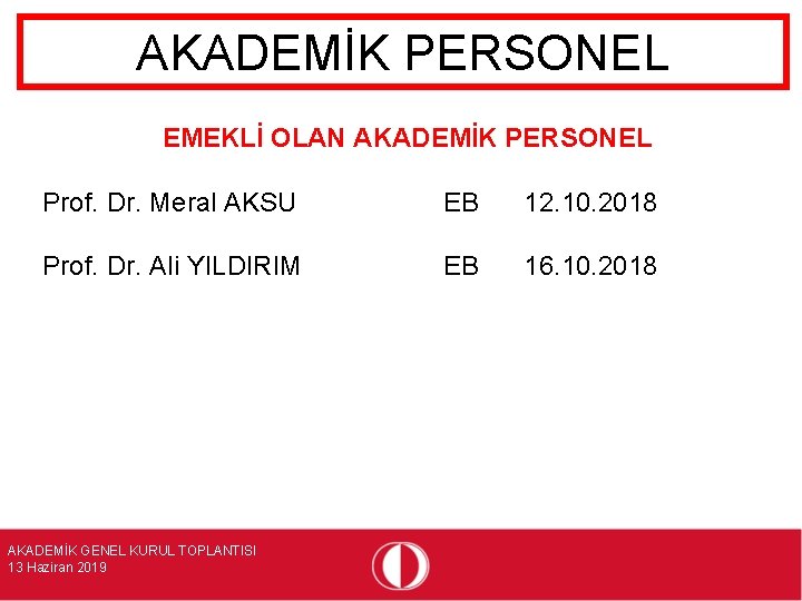 AKADEMİK PERSONEL EMEKLİ OLAN AKADEMİK PERSONEL Prof. Dr. Meral AKSU EB 12. 10. 2018