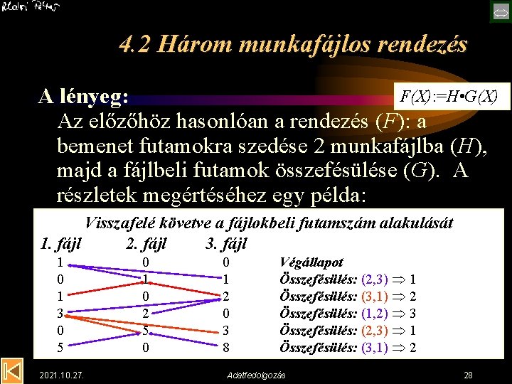  4. 2 Három munkafájlos rendezés F(X): =H • G(X) A lényeg: Az előzőhöz