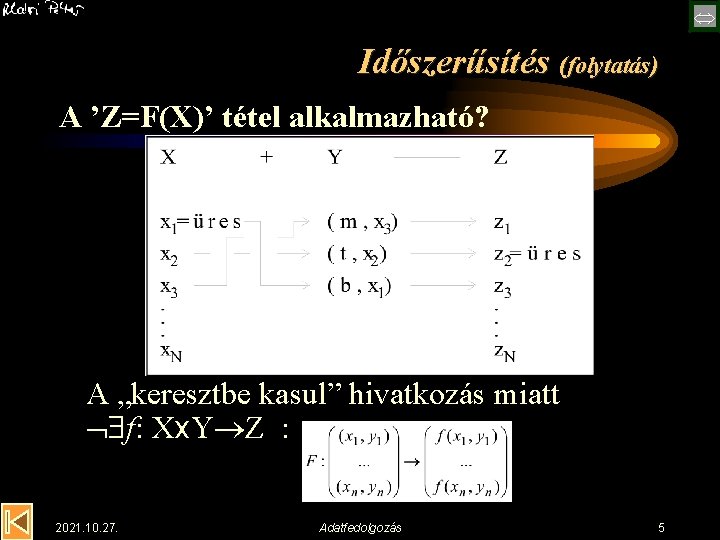  Időszerűsítés (folytatás) A ’Z=F(X)’ tétel alkalmazható? A „keresztbe kasul” hivatkozás miatt f: Xx.