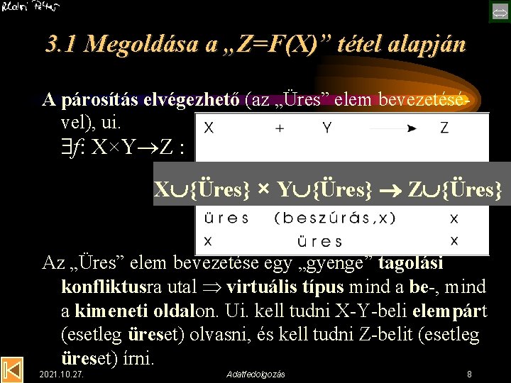  3. 1 Megoldása a „Z=F(X)” tétel alapján A párosítás elvégezhető (az „Üres” elem