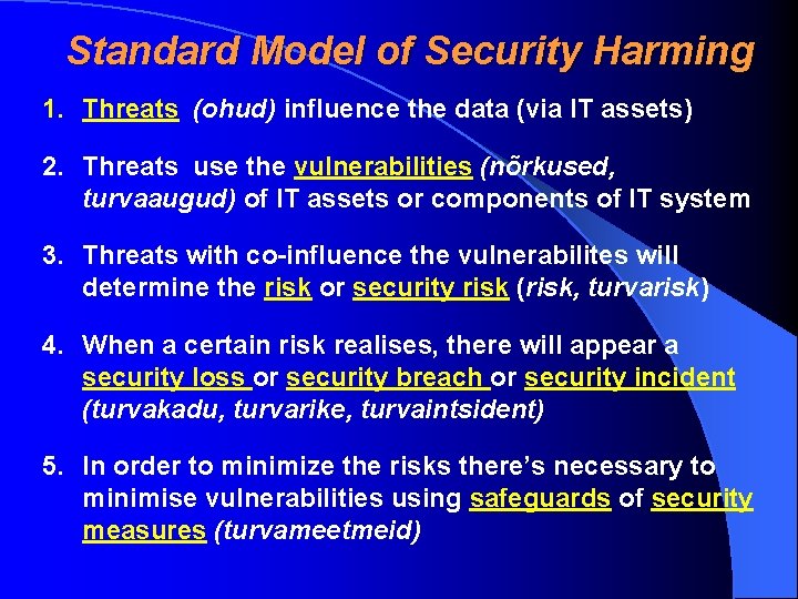 Standard Model of Security Harming 1. Threats (ohud) influence the data (via IT assets)