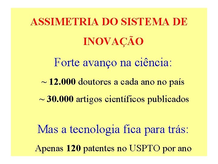 ASSIMETRIA DO SISTEMA DE INOVAÇÃO Forte avanço na ciência: ~ 12. 000 doutores a