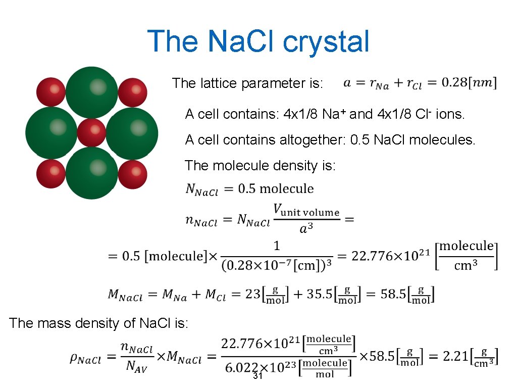 The Na. Cl crystal The lattice parameter is: A cell contains: 4 x 1/8