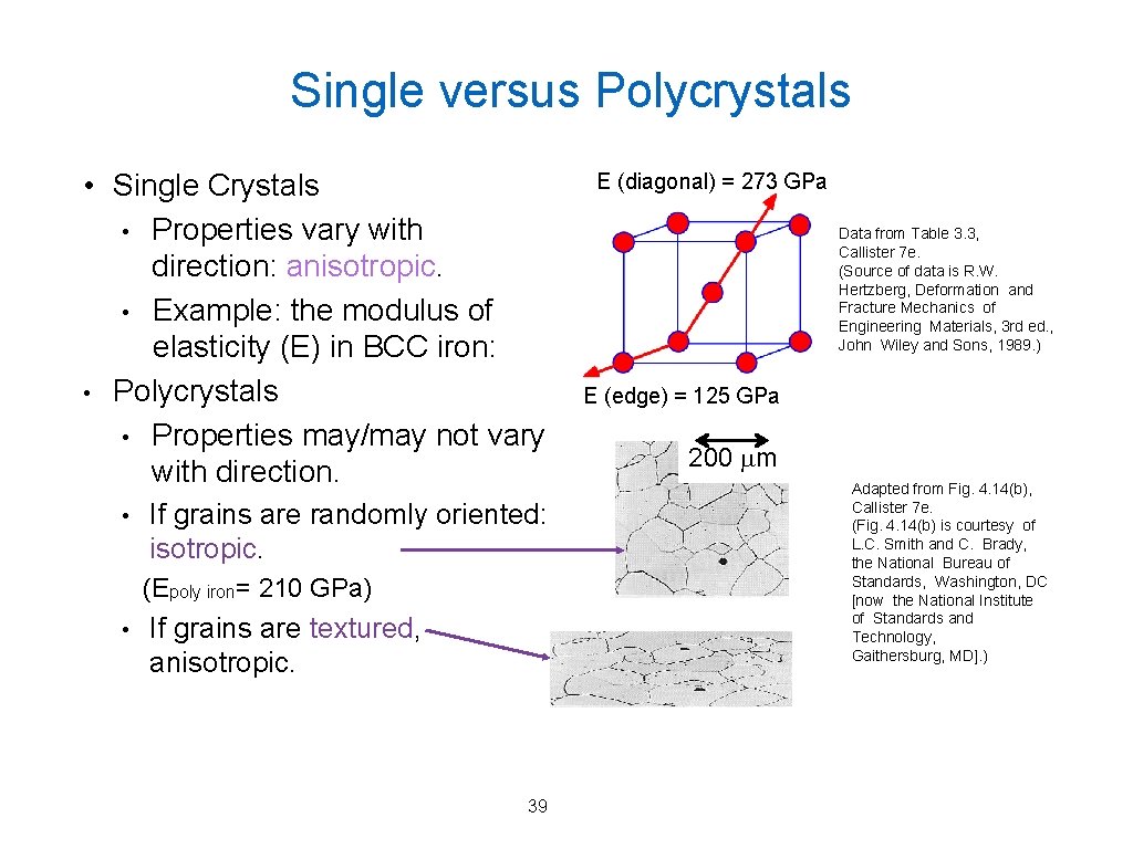 Single versus Polycrystals • Single Crystals • Properties vary with direction: anisotropic. • Example: