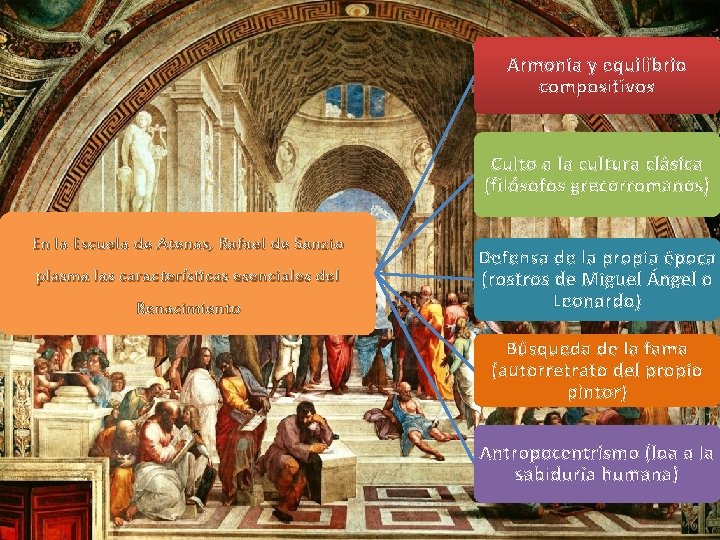 Armonía y equilibrio compositivos Culto a la cultura clásica (filósofos grecorromanos) En la Escuela