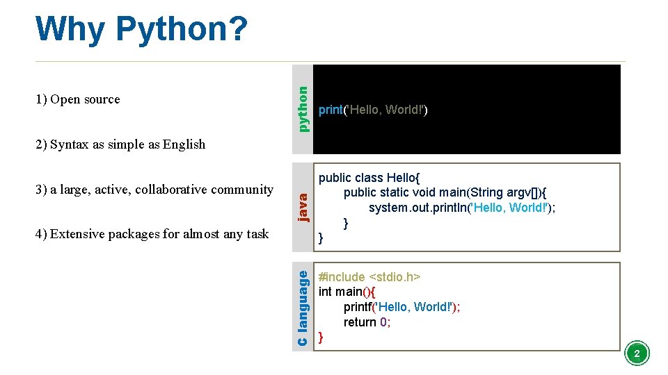 python print('Hello, World!') java 1) Open source public class Hello{ public static void main(String