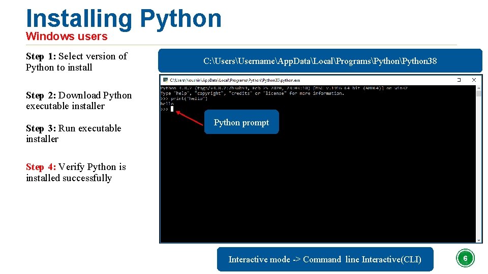 Installing Python Windows users Step 1: Select version of Python to install C: UsersUsernameApp.