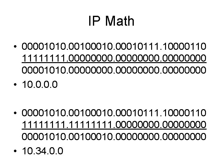 IP Math • 00001010. 0010. 00010111. 10000110 1111. 000000001010. 00000000 • 10. 0 •