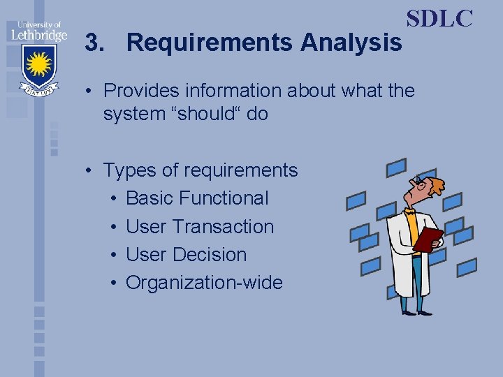 3. Requirements Analysis SDLC • Provides information about what the system “should“ do •