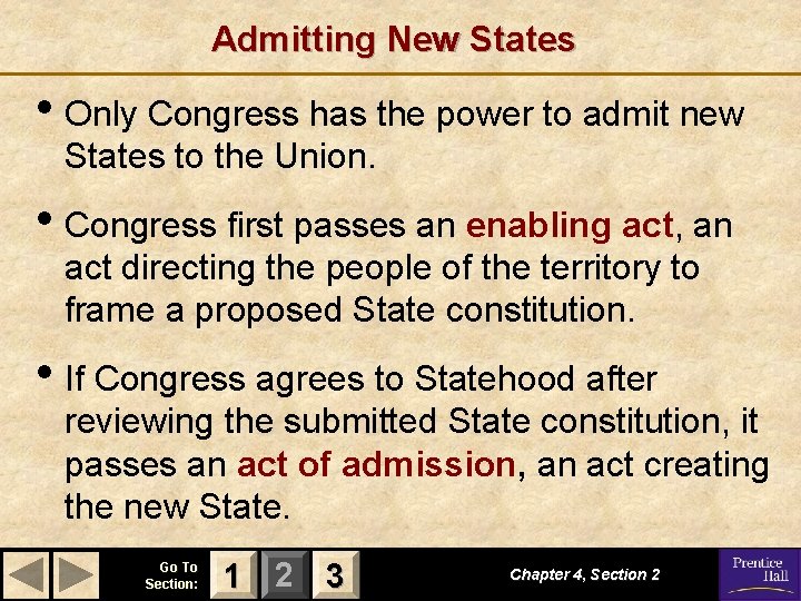 Admitting New States • Only Congress has the power to admit new States to