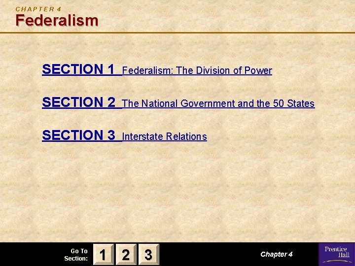 CHAPTER 4 Federalism SECTION 1 Federalism: The Division of Power SECTION 2 The National