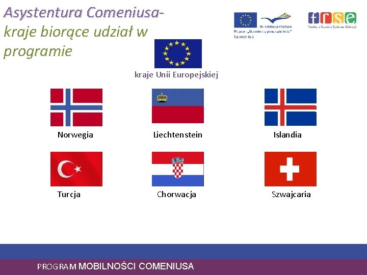 Asystentura Comeniusakraje biorące udział w programie kraje Unii Europejskiej Norwegia Turcja Liechtenstein Chorwacja PROGRAM