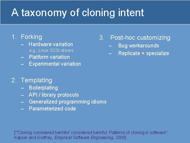 A taxonomy of cloning intent 1. Forking 3. Post-hoc customizing – Hardware variation e.