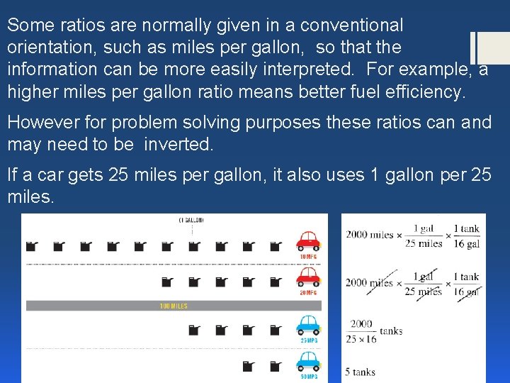 Some ratios are normally given in a conventional orientation, such as miles per gallon,