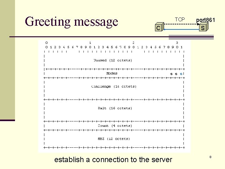 Greeting message TCP C port 861 S ＊＊＊ establish a connection to the server