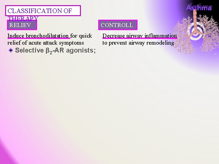 CLASSIFICATION OF THERAPY RELIEV ERS Induce bronchodilatation for quick relief of acute attack symptoms CLASSIFICATION OF THERAPY RELIEV ERS Induce bronchodilatation for quick relief of acute attack symptoms