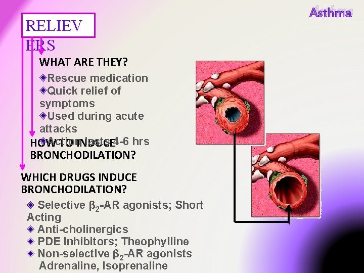 RELIEV ERS WHAT ARE THEY? Rescue medication Quick relief of symptoms Used during acute RELIEV ERS WHAT ARE THEY? Rescue medication Quick relief of symptoms Used during acute