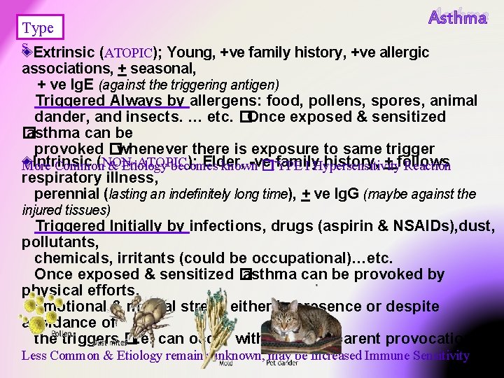 Asthma Type s Extrinsic (ATOPIC); Young, +ve family history, +ve allergic associations, + seasonal, Asthma Type s Extrinsic (ATOPIC); Young, +ve family history, +ve allergic associations, + seasonal,