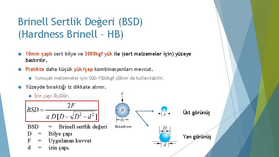 Brinell Sertlik Değeri (BSD) (Hardness Brinell – HB) 10 mm çaplı sert bilye ve