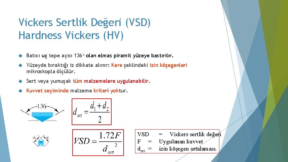 Vickers Sertlik Değeri (VSD) Hardness Vickers (HV) Batıcı uç tepe açısı 136 o olan