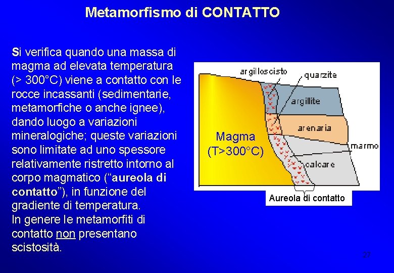 Metamorfismo di CONTATTO Si verifica quando una massa di magma ad elevata temperatura (>