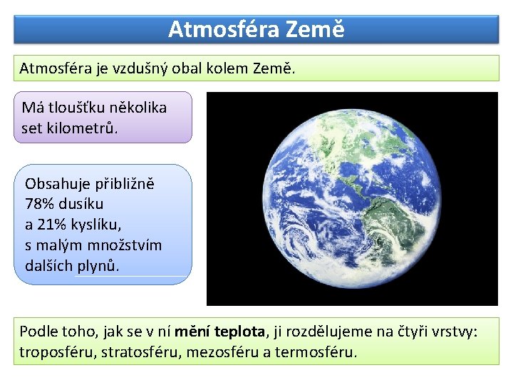 Atmosféra Země Atmosféra je vzdušný obal kolem Země. Má tloušťku několika set kilometrů. Obsahuje